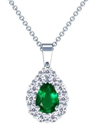 18K White Gold Pear Cut Emerald And Round Diamond Pendant