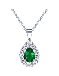 14K White Gold Pear Cut Emerald And Round Diamond Pendant
