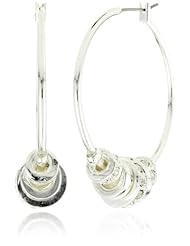 Nine West Silver-Tone Plated Crystal Bead Large Hoop Earrings