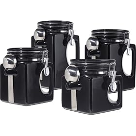 Oggi EZ Grip Handle Ceramic 4 Piece Canister Set, Black