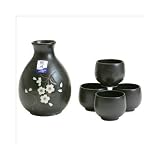 Japanese 5 Pc Sake Carafe & Cup Set Black Cherry Blossom