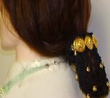 Hand Crocheted Black Rayon Cotton Gimp Dress Snood Trimmed with Gold Beads Mounted on French Hair Clip with Three Gold Buttons for Women and Teens