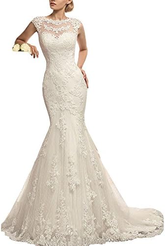 Lilybridal Women's Elegant Mermaid Lace Bridal Wedding Dress with Train Ivory US20W