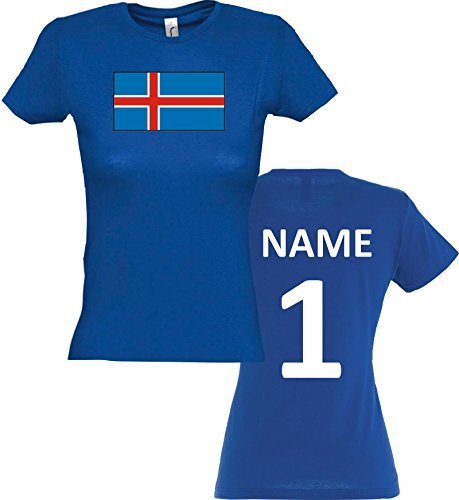 Lady T-Shirt Island Iceland Ländershirt mit Wunschnamen und Nummer, Farbe royal, Größe XS