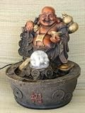 Laughing Buddha Tabletop Water Fountain with Crystal Ball, Coins and Ingots