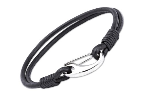 Unique Men 21cm Black Double Leather Bracelet with Stainless Steel Shrimp Clasp