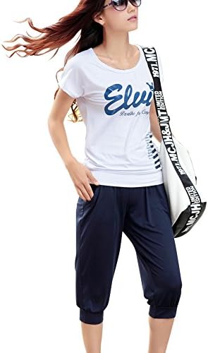 TLZC Women's Summer Lightweight Loose Tees + Capris Yoga Tracksuit US Size L White