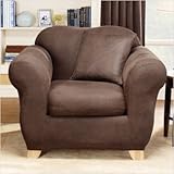 Stretch Leather Two Piece Chair Slipcover in Brown (Box Cushion)