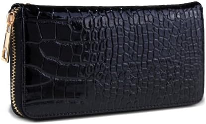 Fashion Zip Around Wallet w/ Croco Embossed Texture And Glossy Finish -Black