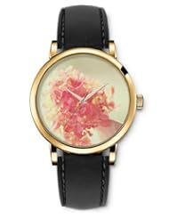 SPRAWL Aanalog Fashion Series Gold Ladies Watches of Genuine Black Leather Strap,Unique Wrist Watch for Women Girls Designed with Bouquet of rose flowers