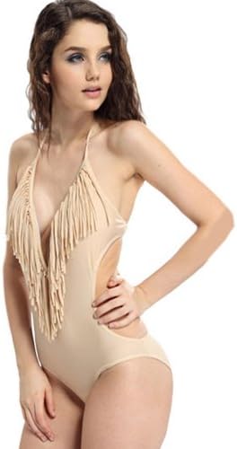 ECOSCO Deep V Boho Fringe Tassels Scrunch Monokini bikini Swimsuit Swimwear (L, Khaki)