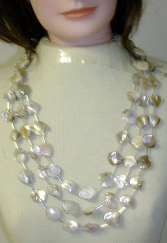 Light Ivory Color Seashell Multi Size Beads Silver Three Strand Long Chain Necklace and Matching Earrings for Women and Teens