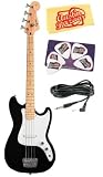 Squier by Fender Bronco Bass Bundle with 10-Foot Instrument Cable, Pick Card, and Polishing Cloth - Black, Maple Fretboard
