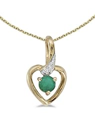 10k Yellow Gold Round Emerald And Diamond Heart Pendant with 16" Chain