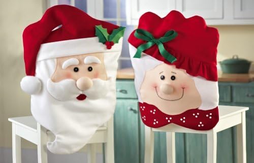 Holiday surprise Mr &amp; Mrs Santa Claus Christmas Kitchen Chair Covers and Set of 2 features each measure approximately 20"W x 27.5"H for the Christmas season