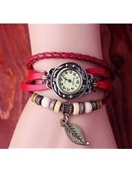 Quartz Fashion Weave Wrap around Leather Bracelet Lady Women Wrist Watch (red)