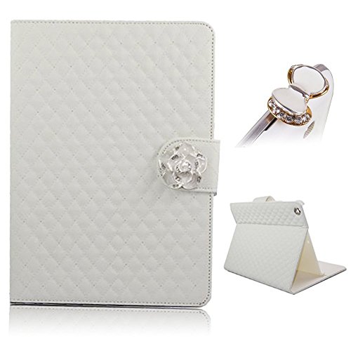 For Apple iPad Air/iPad 5 Case, MarsCase® For iPad Air, Elegant Lattice Grid Pattern PU Leather Smart Cover Protective Cover Case Shell with Bling Camellia and Stand Function for Apple iPad Air/iPad 5 + Dust Plug - White