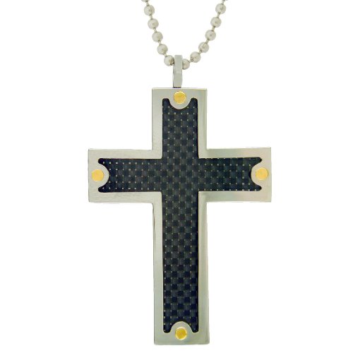 Stainless Steel Carbon Fiber Mens Cross Pendant Necklace