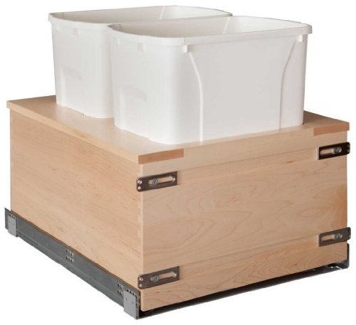 Kitchen Pull Out Waste Bin Container - 35 Qt White Double - Maple - Bottom Mount, 17-7/8