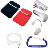Black / Red Barnes and Nobles Nook eBook Neoprene Reversible Sleeve Case Cover, USB Charging Cable / Data HotSync, USB Car Charger, USB USB Power Adapter / Wall Charger, LED Max Bright Light, and Free Carabiner Key Chain
