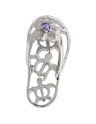Sterling Silver Hawaiian Plumeria w/ Honu Sea Turtles Flip Flop Slippers Pendant, w/ Brilliant Cut Amethyst-colored CZ Stone, 1" (25mm) tall