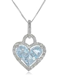 10k Gold Half Moon and Princess Aqua Stone Set and Diamond Heart Pendant Necklace (1/5 cttw, I Color, I2-I3 Clarity), 18"