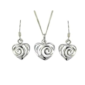 Silver Set of Swirl Heart Earrings and Pendant on Curb Chain 46cm