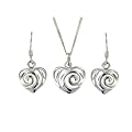 Silver Set of Swirl Heart Earrings and Pendant on Curb Chain 46cm