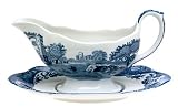 Spode Blue Italian Earthenware 2-Cup Sauce Boat and Stand
