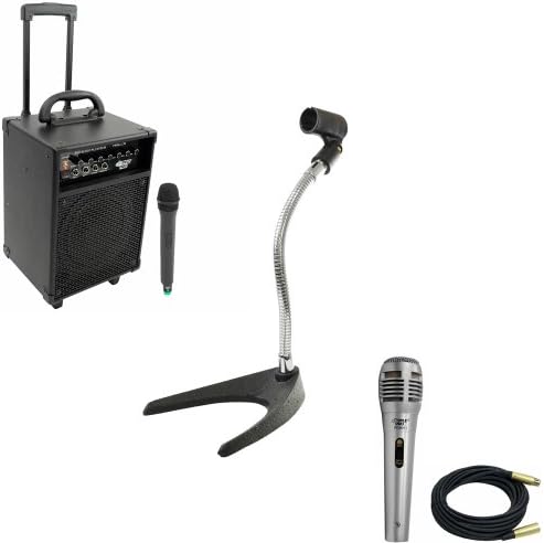 Pyle Speaker, Mic, Stand and Cable System Package for your Studio, Concert, Stage, Performance, Bar, Home, etc. - PWMA230 200W VHF Wireless Battery Powered PA System - PDMIK1 Professional Moving Coil Dynamic Handheld Microphone - PMKS8 U-Base Gooseneck Desktop Microphone Stand - PPMCL30 30ft. Symmetric Microphone Cable XLR Female to XLR Male