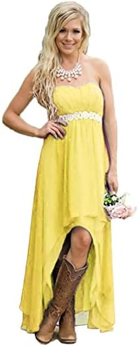 YMWD Women Chiffon Hi-Low Beaded Bridesmaid Dress Party Gowns Y003 (12, Lemon)