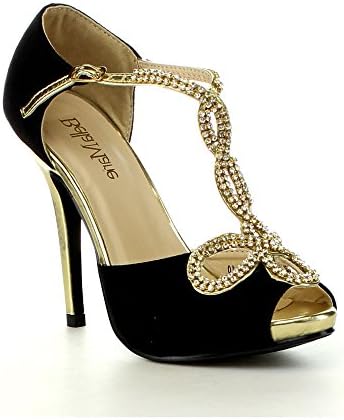 BELLAMARIE SOHO-10 Women Ankle Strappy Peep Toe Pump Stiletto Party Dress Heel, Color:BLACK, Size:8