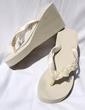 High Ivory Wedge Bridal Flip Flops with Organza Flowers