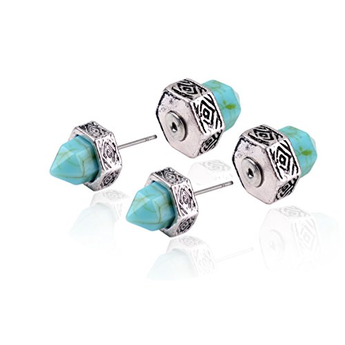 Ginasy Women's Ear Accessory Turquoise Bullet Carve Alloy Stud Earrings (Silver)
