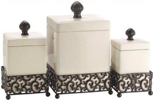 Attractive Set of Three (3) Square Ceramic Canisters on Scroll Designed New