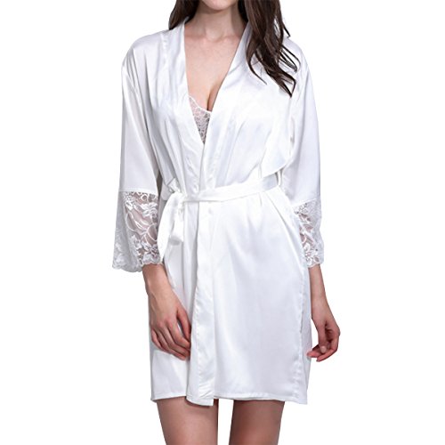 LAPAYA Women's Short Kimono Robe Lingerie Bridal Silky Lace Trim Satin Sleepwear