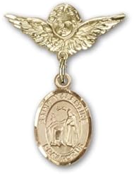 14K Gold Baby Badge with St. Valentine of Rome Charm and Angel with Wings Badge Pin