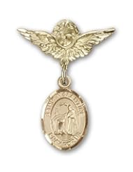 Gold Filled Baby Badge with St. Valentine of Rome Charm and Angel with Wings Badge Pin