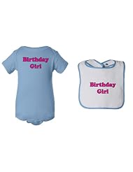 So Relative! 2 Pack Matching Set Birthday Girl  Pink Bubble Letters  Baby Infant Short Sleeve Bodysuit   Piping Bib  Assorted Colors   Sizes 