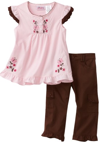 Deals Young Hearts Girls 4-6x Embroidery And Ruffle Top With Cargo Pant Set