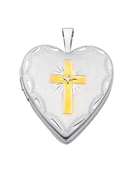 14K White and Yellow 2 Two Tone Gold Cross Diamond-Accent Engraved Heart Locket Pendant (0.8" Inches or 20mm, 1/10 ctw., GH, SI)