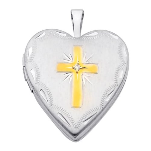 14K White and Yellow 2 Tone Gold Cross Diamond-Accent Engraved Heart Locket Pendant (0.8