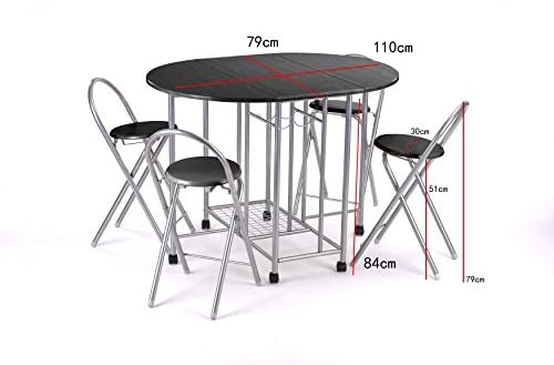 NRFI Foldable 5Pcs Breakfast Dining Set Table Chairs(Black)