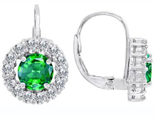 3.50 cttw 14K White Gold Plated 925 Sterling Silver Lever back dangling Earrings with 6mm Round Simulated Emerald