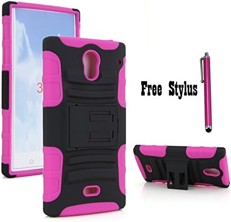 The Little Penguin Sharp AQUOS Crystal Armor Protective Case - Shock &amp; Bump-proof Armor Hybrid Case with Built-in Kickstand for Sharp AQUOS Crystal &amp; Stylus Pen + Fishbone Earphone Cord Organizer bundles (Kickstand Case - Black and Pink)