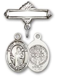 Sterling Silver Baby Badge with St. Benedict Charm and Polished Badge Pin