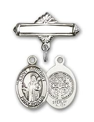 Sterling Silver Baby Badge with St. Benedict Charm and Polished Badge Pin St. Benedict is the Patron Saint of Monks/Poison Sufferers