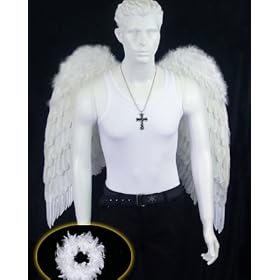 FashionWings (TM) Broad Wingspan White Costume Feather Angel Wings & Halo. Archangel Cosplay