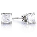 1.00 Carat. Princess Cut Diamond 14K White Gold Stud Earrings (G-H;SI1-SI2) Certified by Independent Lab