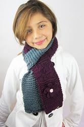 REDUCED PRICE KIDS COLLECTION - Handmade Lightweight Acrylic Scarf for Girls - Purple and Blue (100% Hand-knitted - Includes Crocheted Removable Flower Pin)